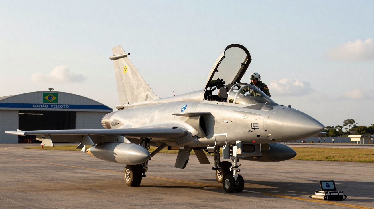 Chasseur léger argenté avec cockpit ouvert et pilote prêt sur une piste d’aéroport militaire au Brésil.