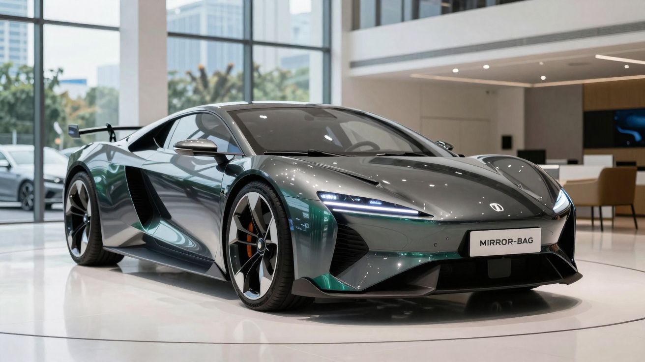 Voiture de sport électrique grise haut de gamme exposée dans un showroom moderne lumineux.