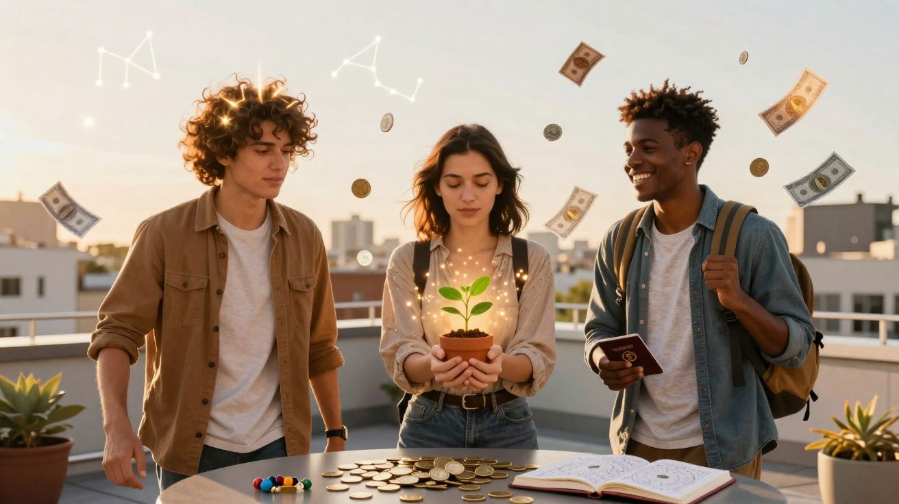 Trois jeunes souriants avec des pièces et billets flottants autour d'une plante en pot lumineuse.