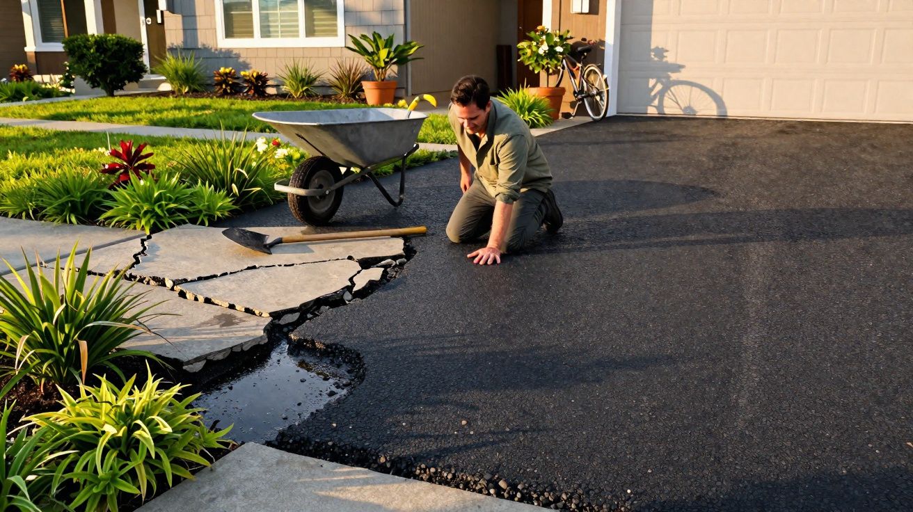 Homme agenouillé inspectant un chemin fissuré devant une maison avec brouette et outils de jardinage.