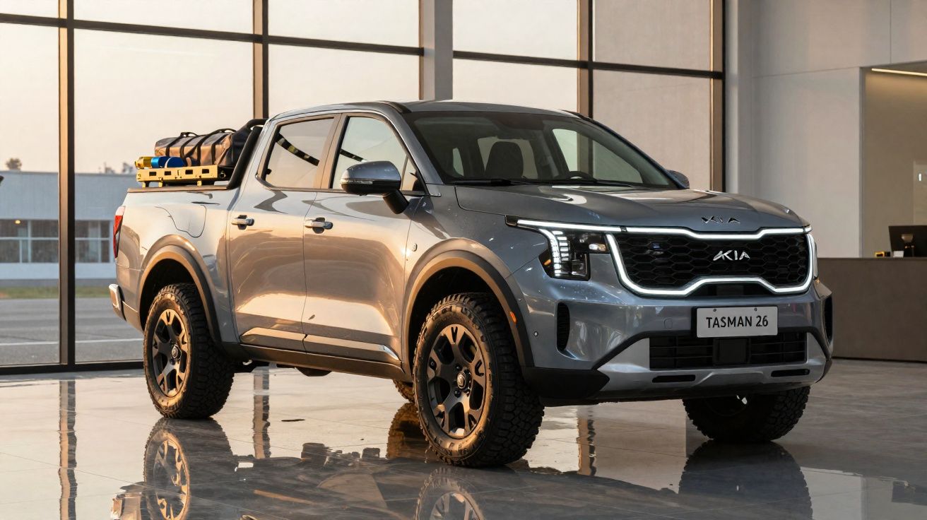 Pick-up gris Kia Tasman 26 exposé dans un showroom moderne avec grandes fenêtres.