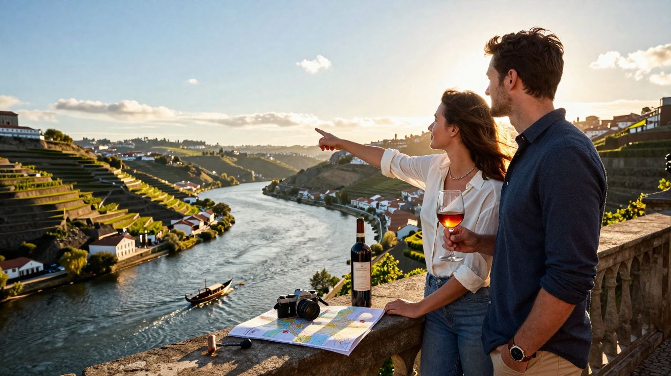 Couple regardant un paysage de vignobles en terrasses au bord d'une rivière au coucher du soleil.