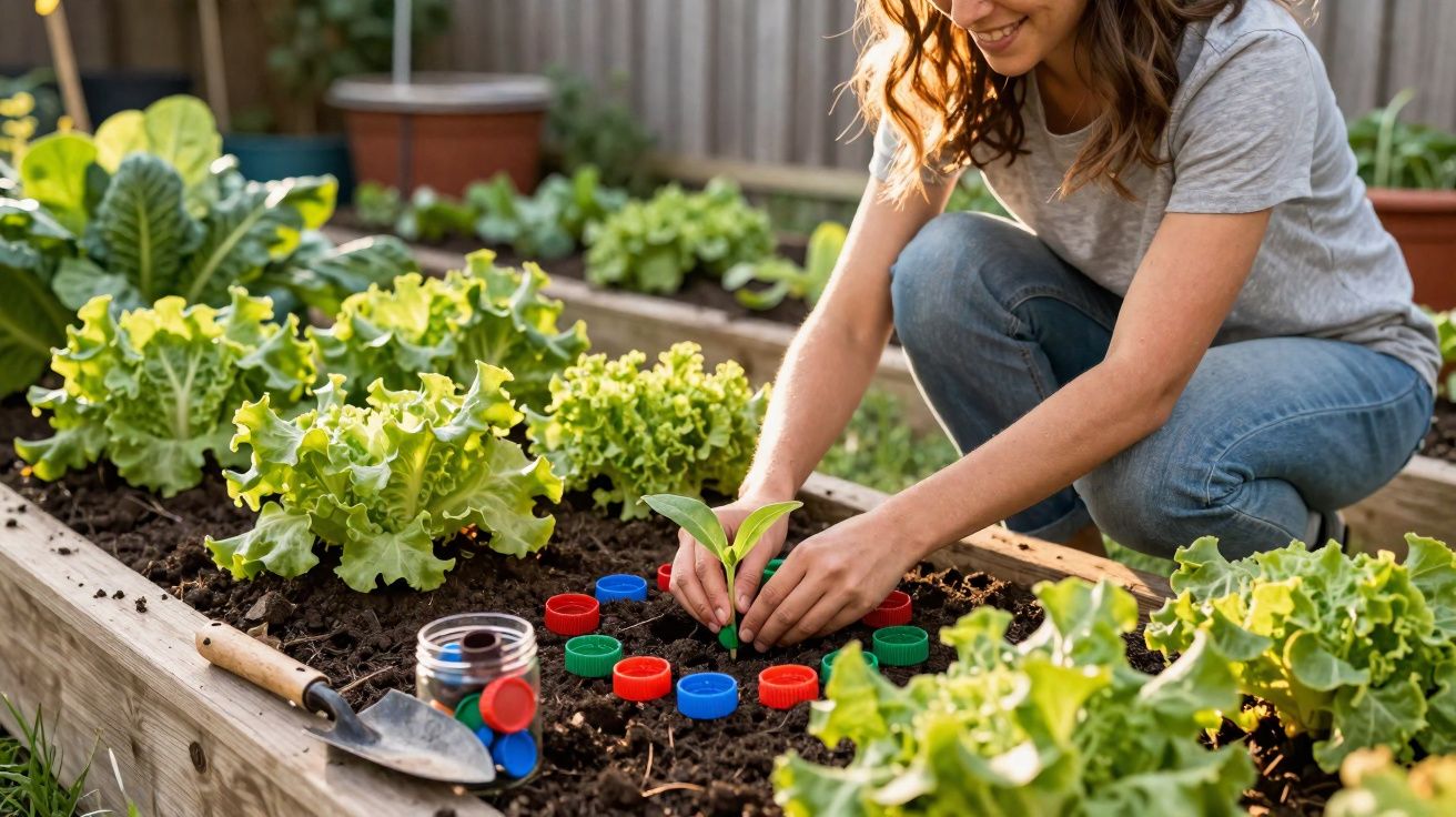 Femme plantant une jeune plante entourée de bouchons colorés dans un potager avec laitues verdoyantes.
