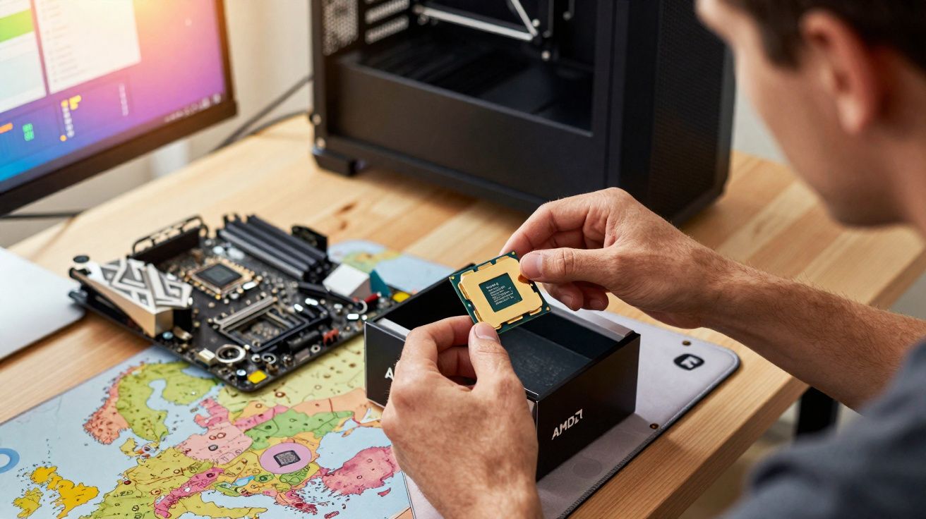 Personne tenant un processeur AMD près d'une carte mère sur un bureau avec carte du monde.