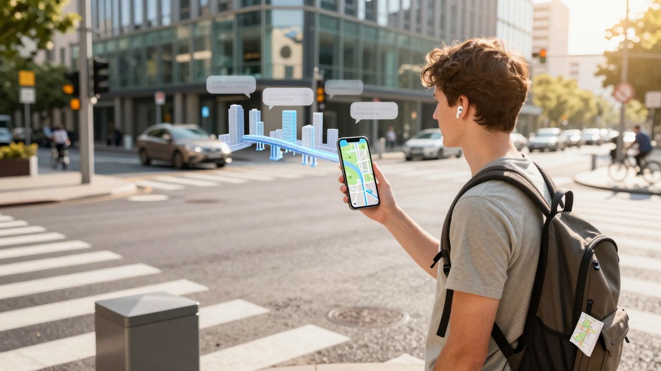 Jeune homme avec sac à dos utilisant un smartphone pour navigation GPS en ville, avec réalité augmentée.