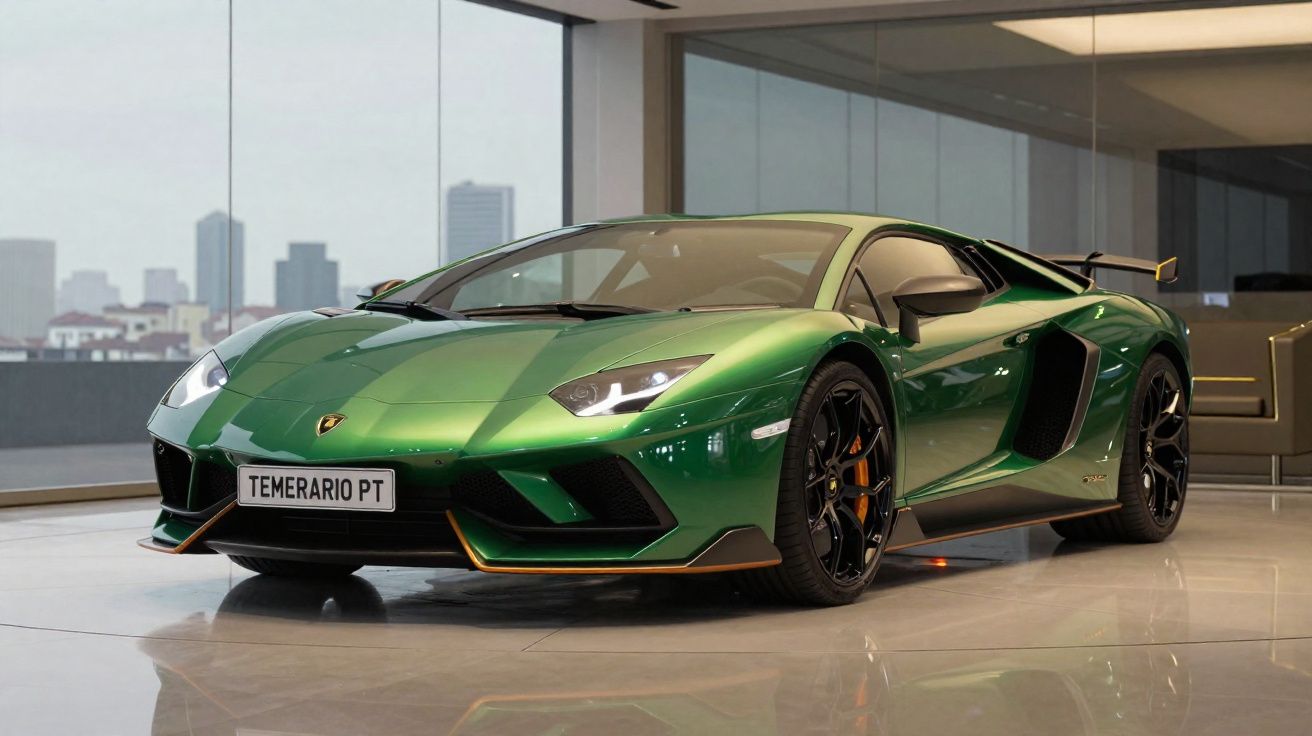 Voiture de sport Lamborghini verte brillante garée dans un showroom moderne avec vue urbaine.