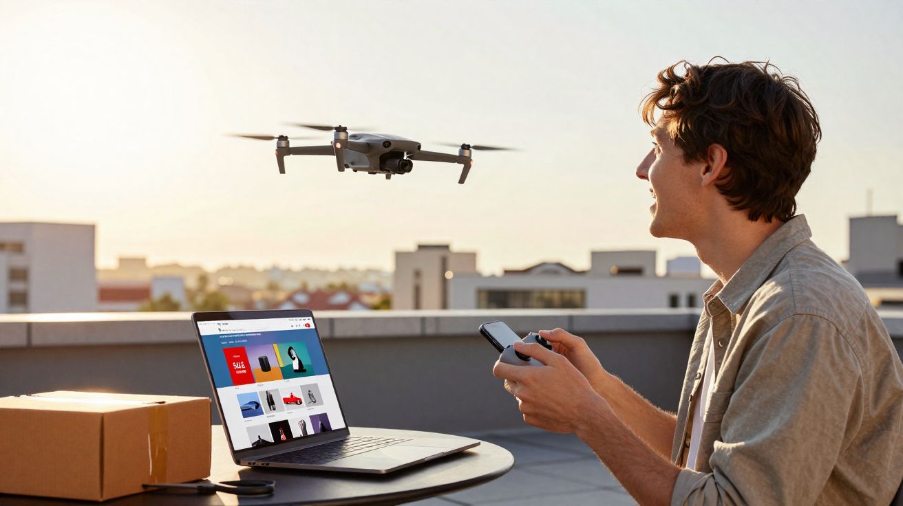 Un homme utilise une télécommande pour piloter un drone volant près d’un ordinateur portable sur une terrasse.