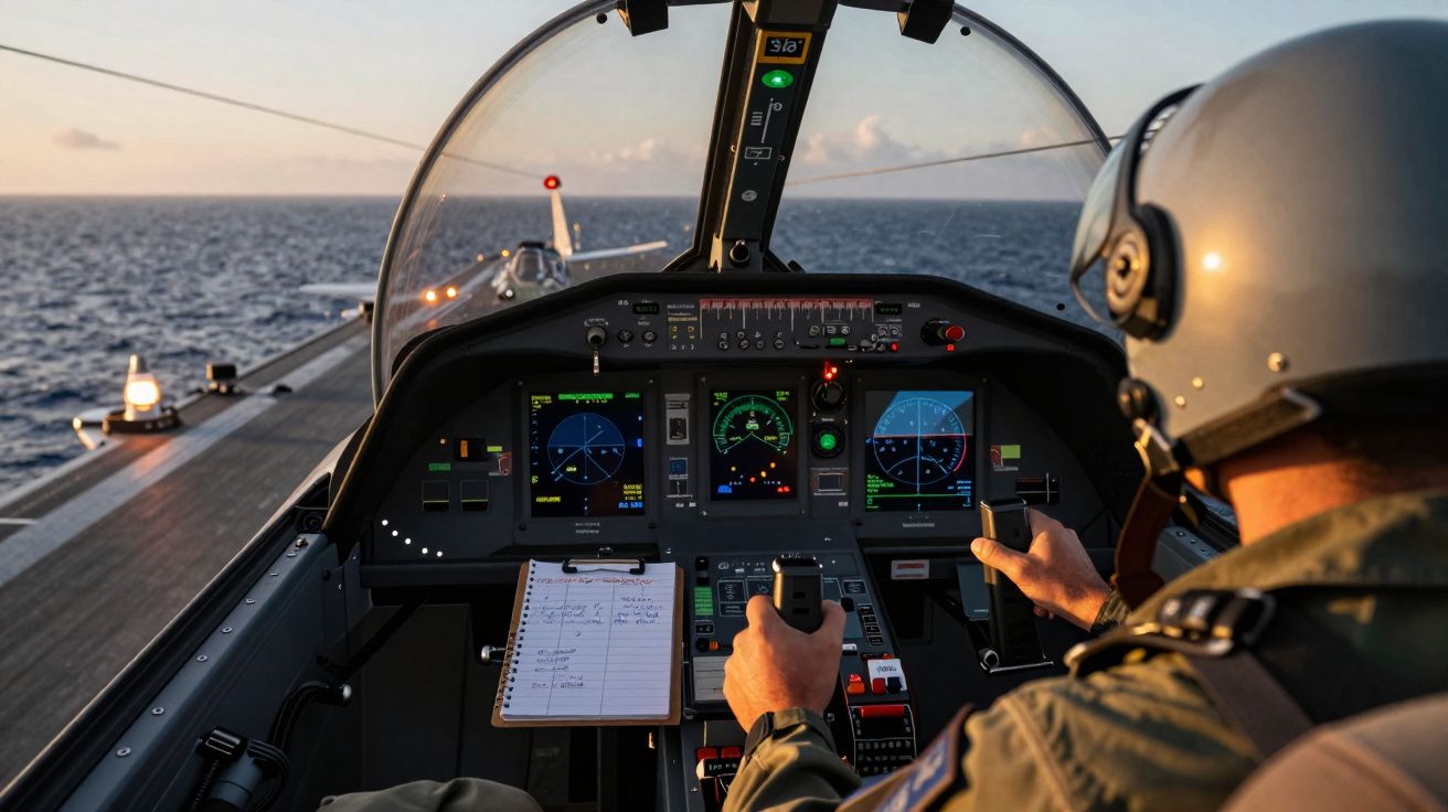 Cockpit d'un avion militaire avec pilote en tenue, instruments de navigation affichés et vue sur mer au coucher du soleil.