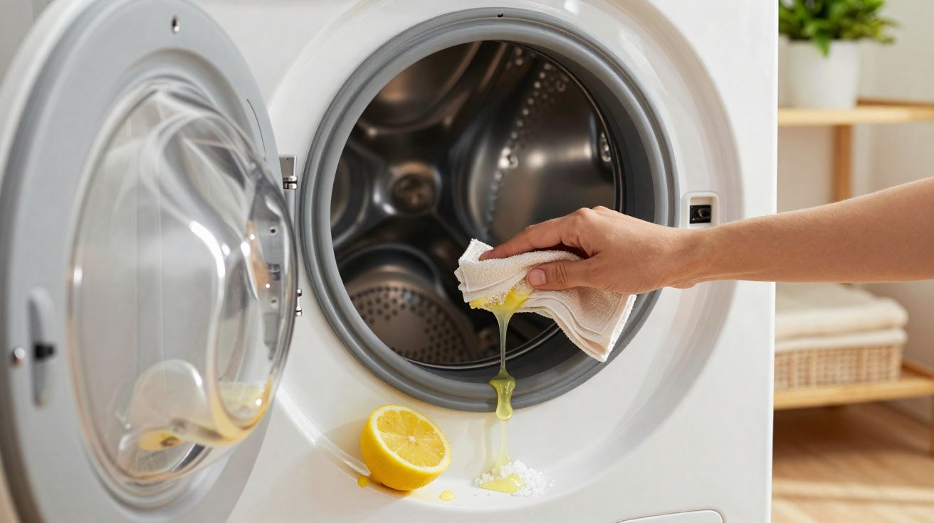 Main pressant un citron sur un chiffon au-dessus du tambour d'une machine à laver ouverte.