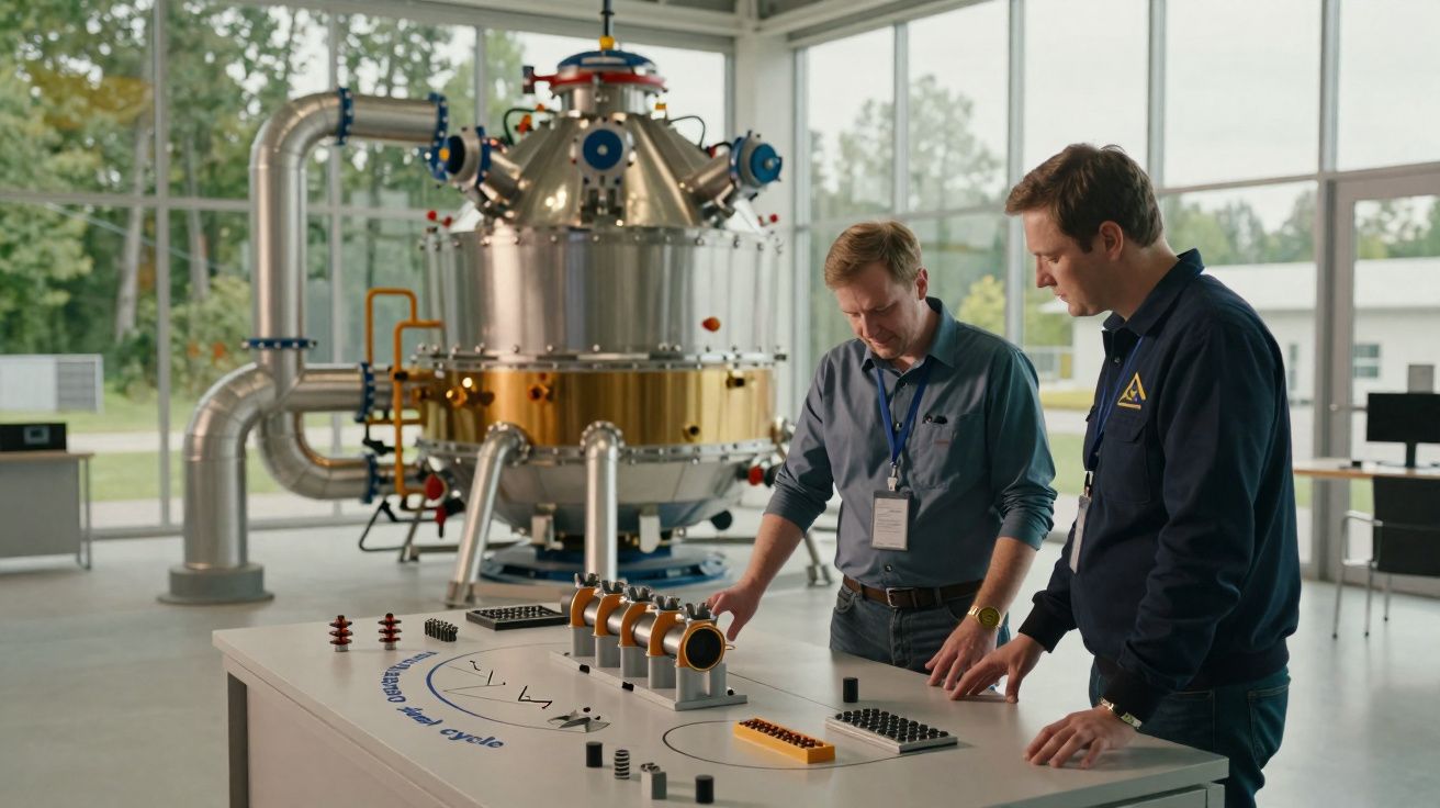 Deux hommes examinent une maquette technique dans un laboratoire avec un grand équipement métallique en arrière-plan.