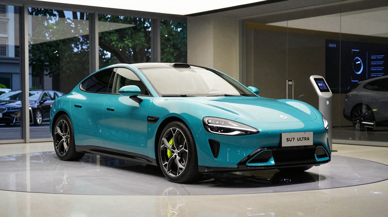 Voiture électrique sportive bleu turquoise exposée dans un showroom moderne et lumineux.