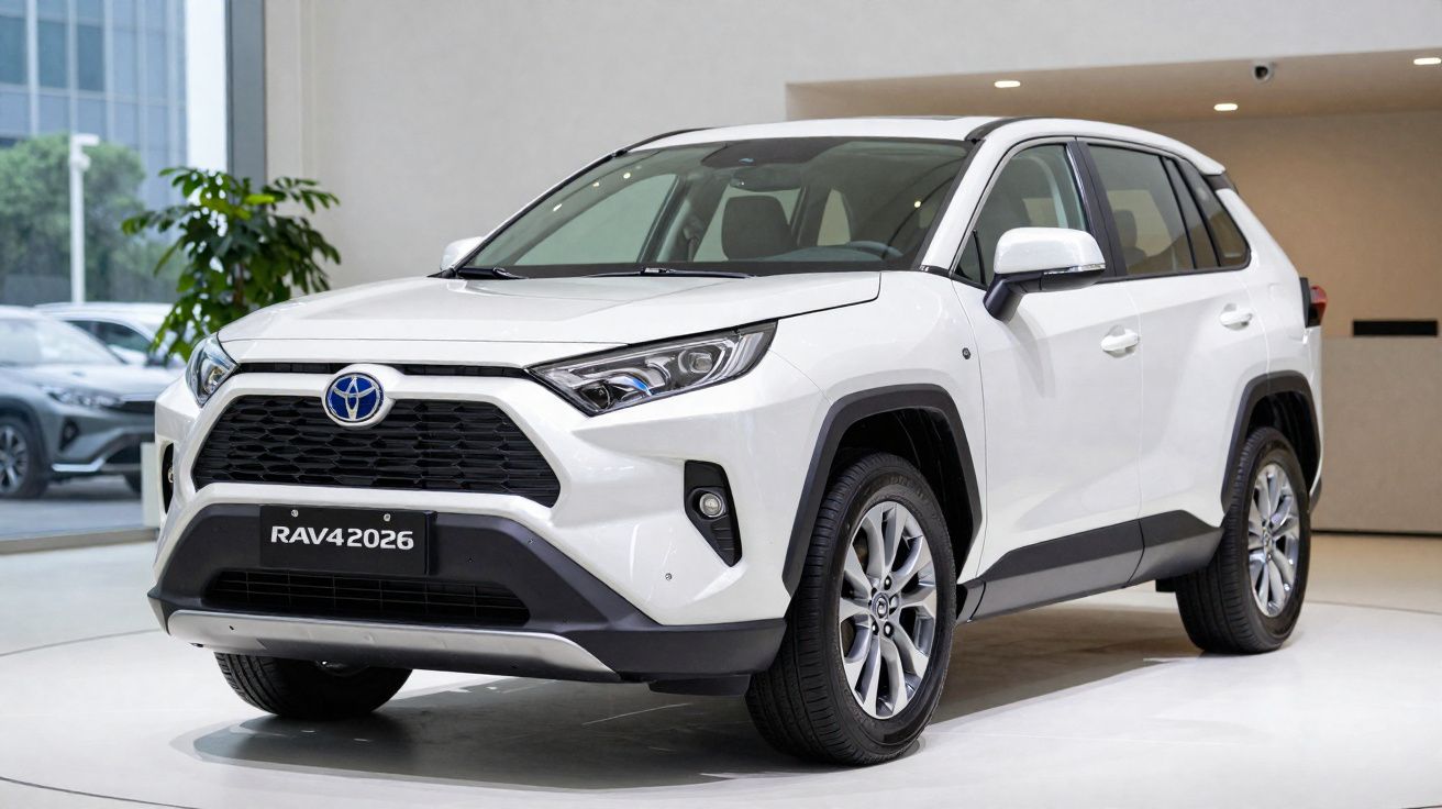 SUV Toyota RAV4 blanc exposé en intérieur sur un sol clair, vue avant trois quarts.
