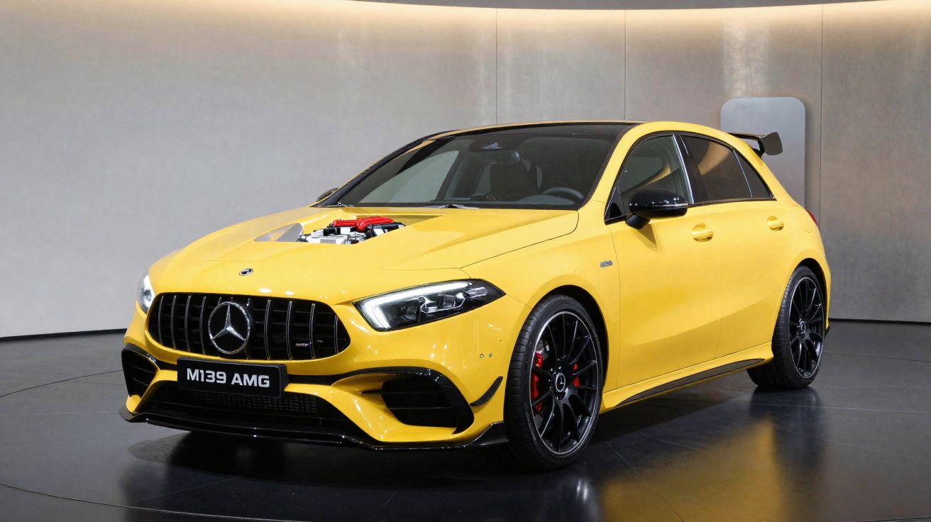 Voiture jaune Mercedes AMG M139 avec capot transparent exposée en intérieur moderne.