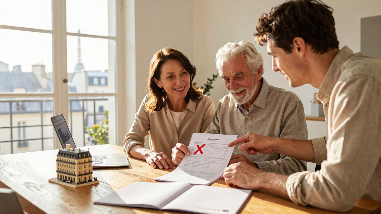 Un agent immobilier présente un contrat signé avec une croix rouge à un couple senior souriant.