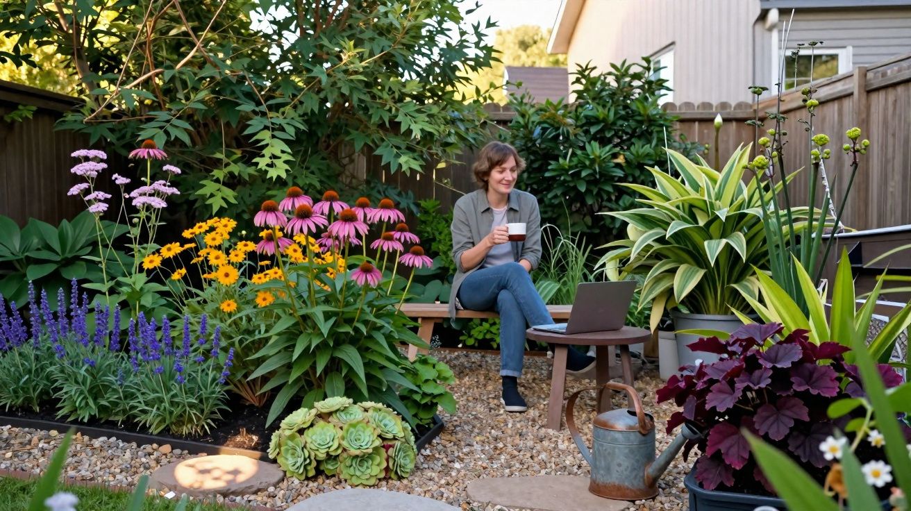 Femme souriante assise dans un jardin fleuri, tenant une tasse et regardant un ordinateur portable.