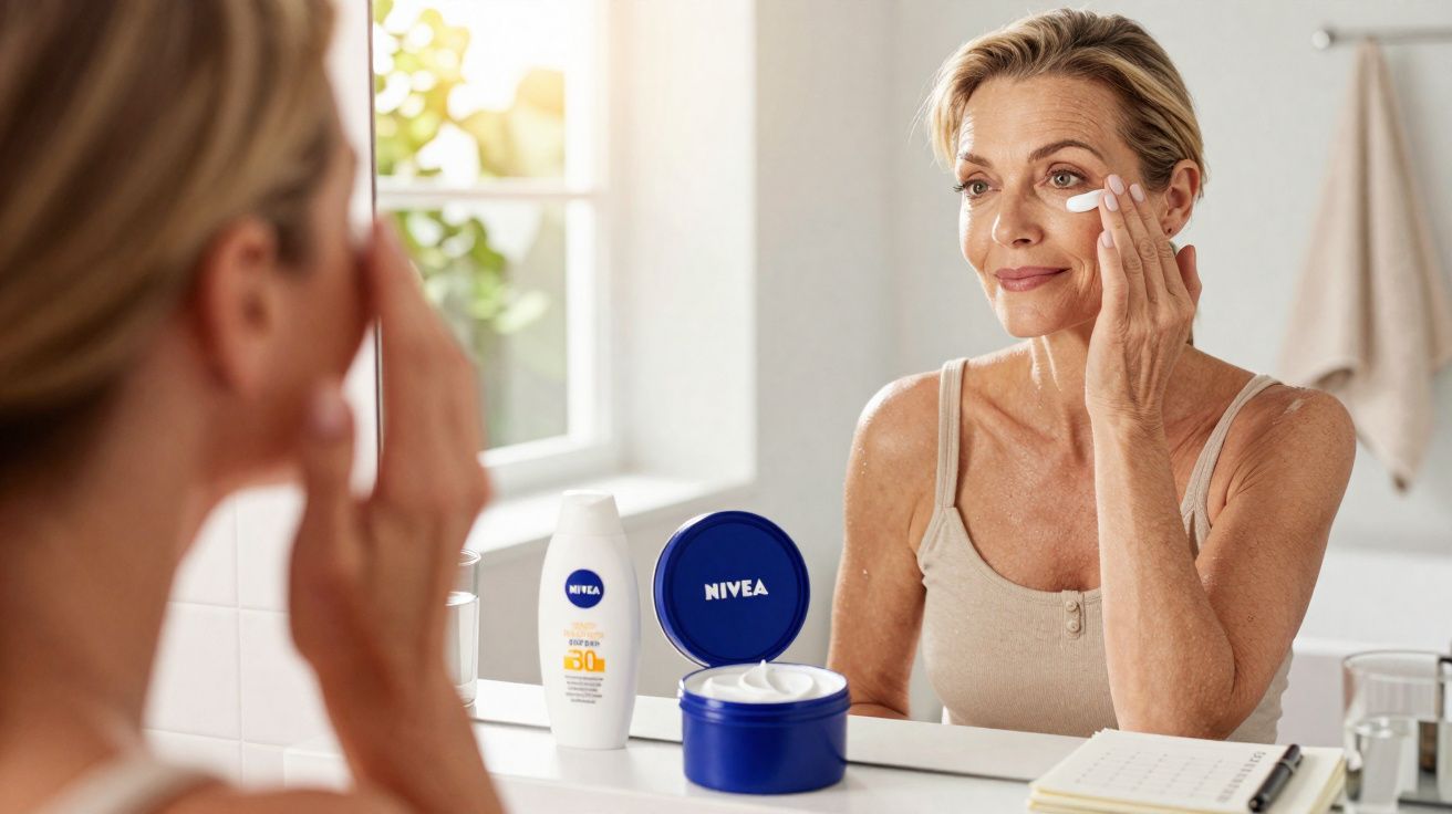 Femme appliquant une crème anti-âge Nivea devant un miroir dans une salle de bain lumineuse.