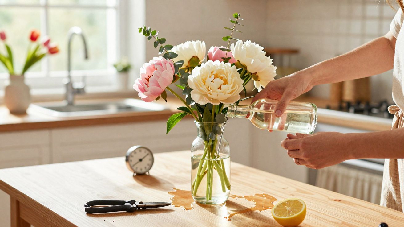 Une personne verse de l'eau dans un vase avec des fleurs sur une table en bois dans une cuisine.