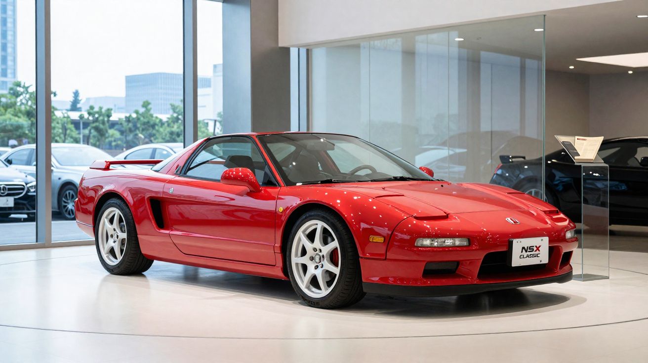 Voiture de sport rouge Honda NSX Classic exposée en intérieur, avec des roues en alliage blanc et un design aérodynamique.