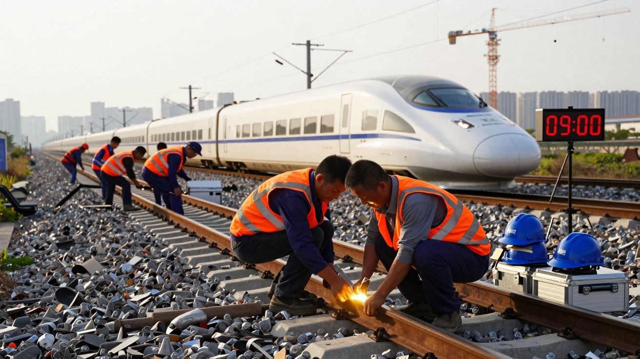 Techniciens en gilets orange réparant une voie ferrée devant un train à grande vitesse blanc.