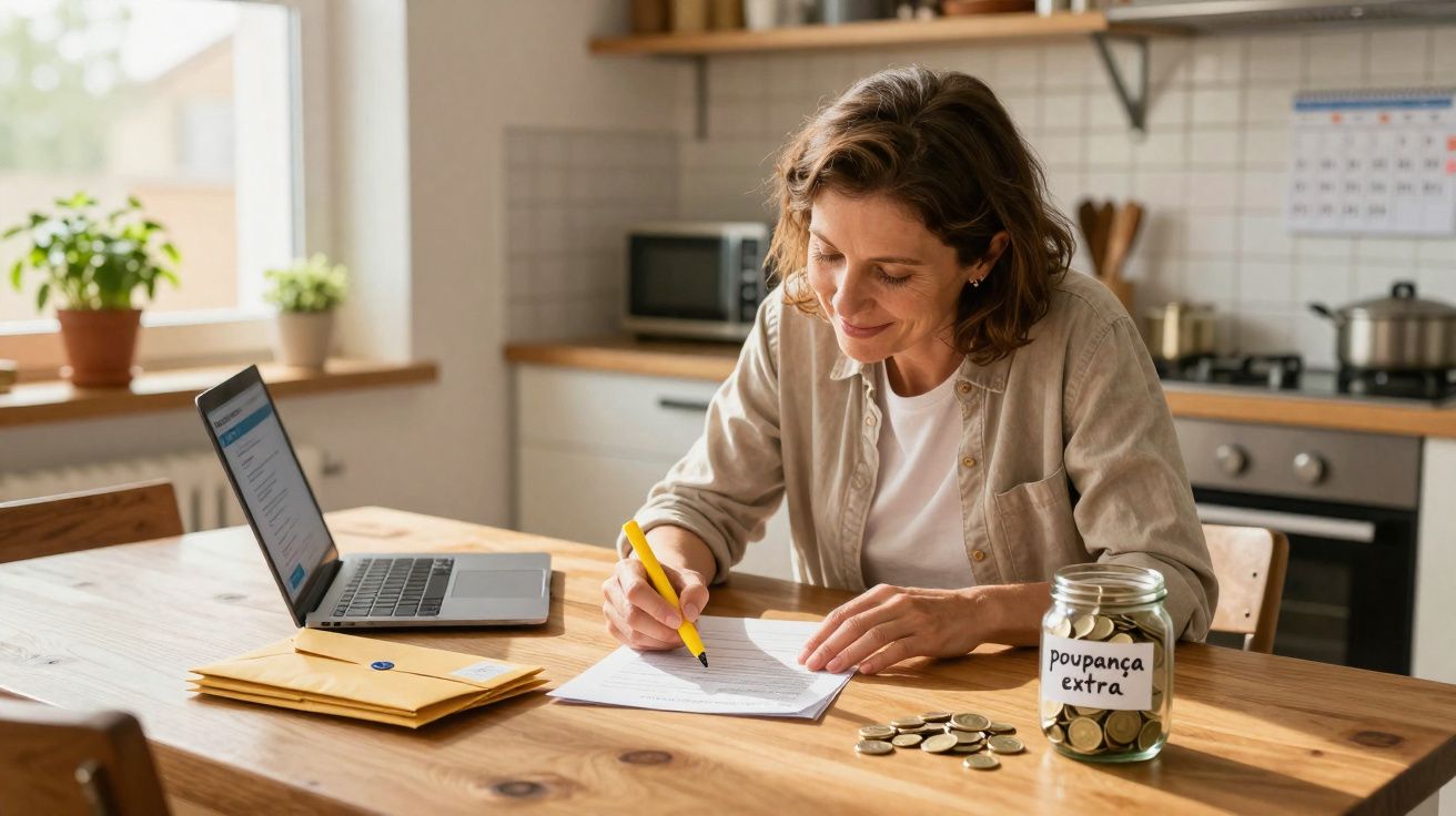 Femme souriante écrivant sur un document, ordinateur ouvert et bocal « poupança extra » avec pièces sur table.