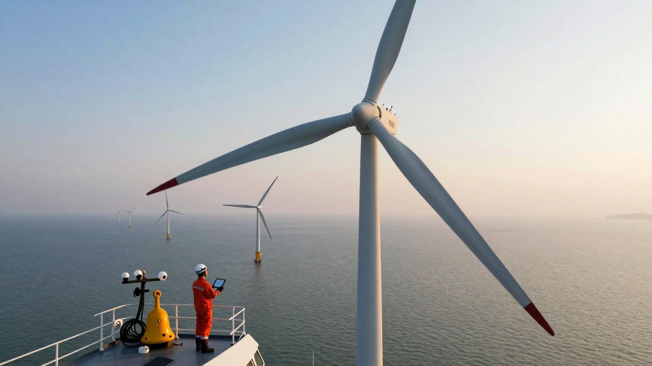 Technicien en combinaison orange inspectant une éolienne en mer au coucher du soleil.