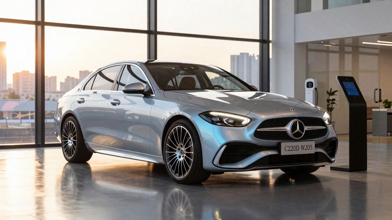 Voiture Mercedes-Benz C220D W205 grise garée dans un showroom moderne avec grandes fenêtres vitrées.