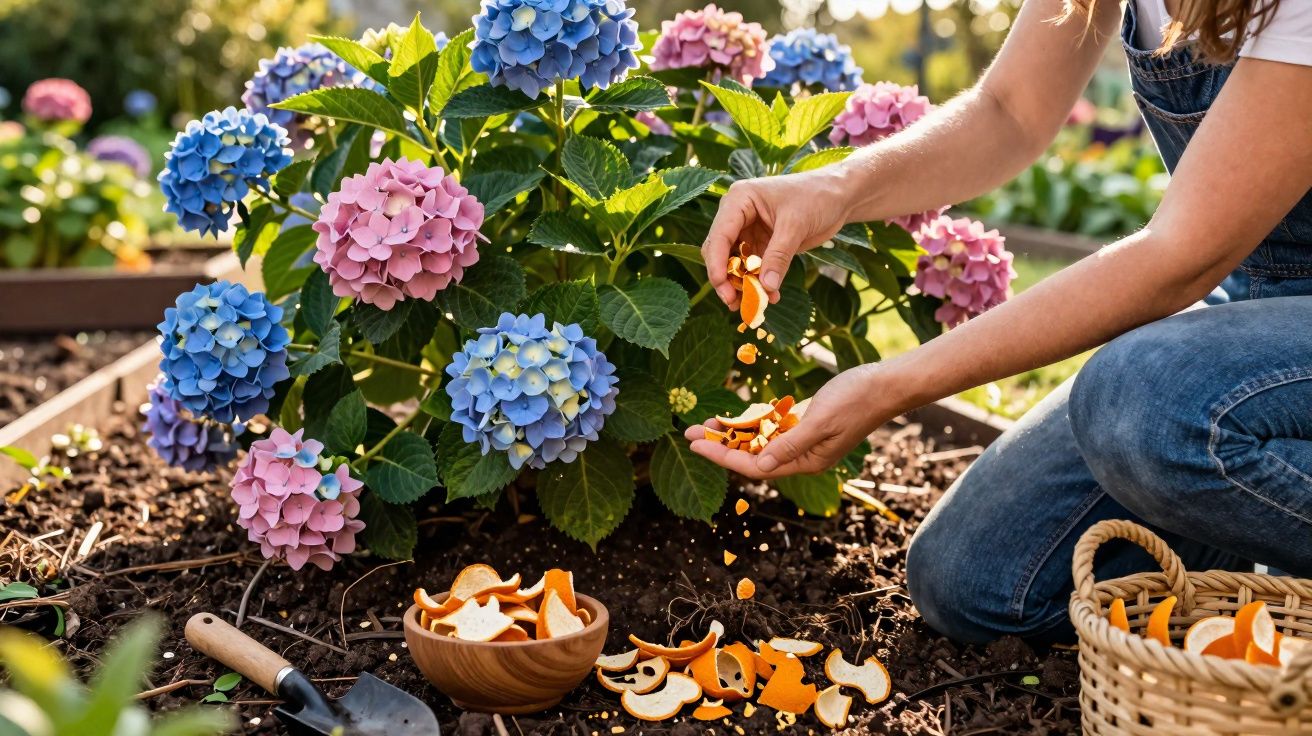 Personne répand des écorces d’orange autour d’un hortensia bleu et rose dans un jardin ensoleillé.