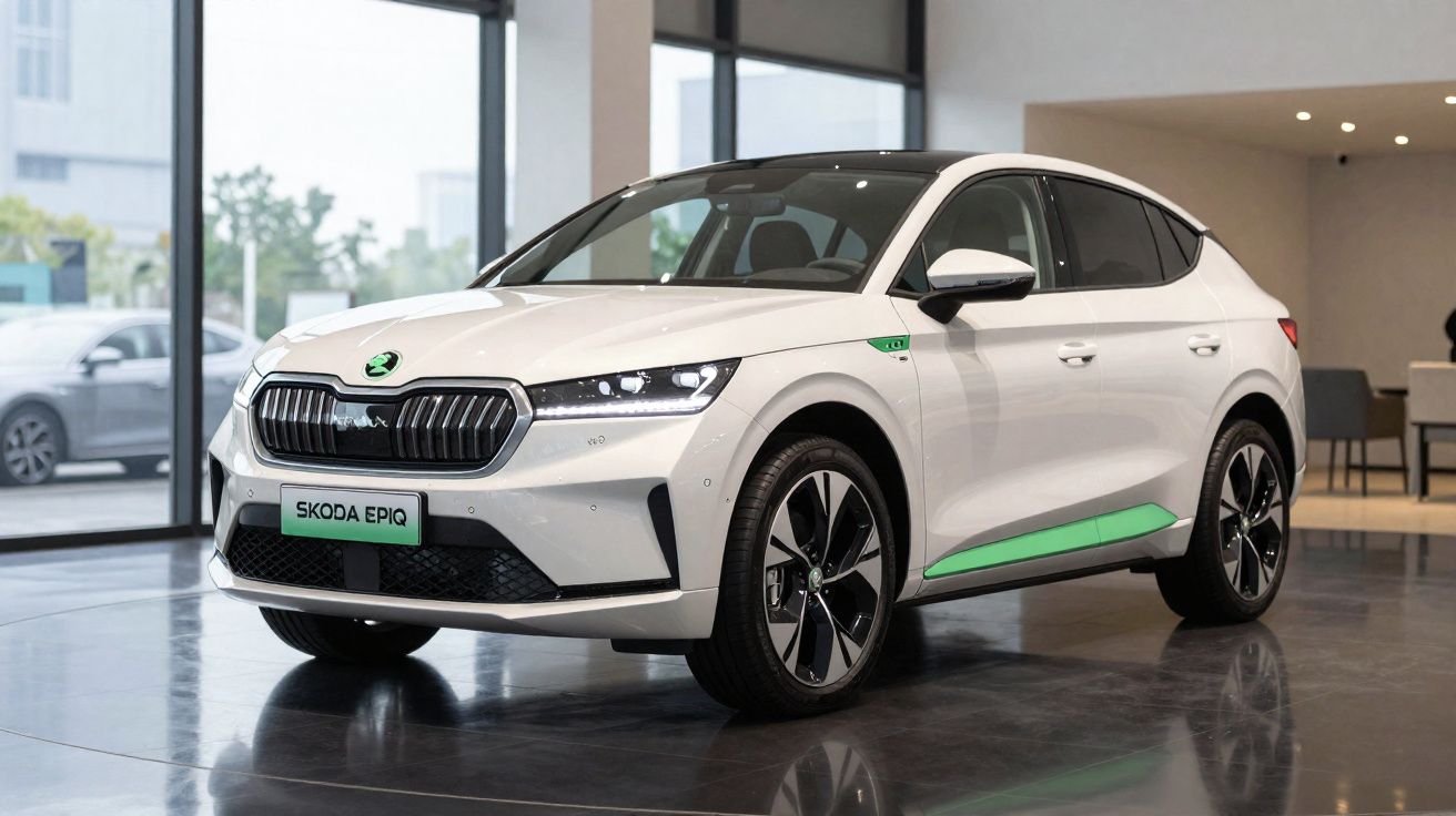 Voiture électrique blanche Skoda Epiq exposée dans un showroom moderne avec grandes fenêtres.