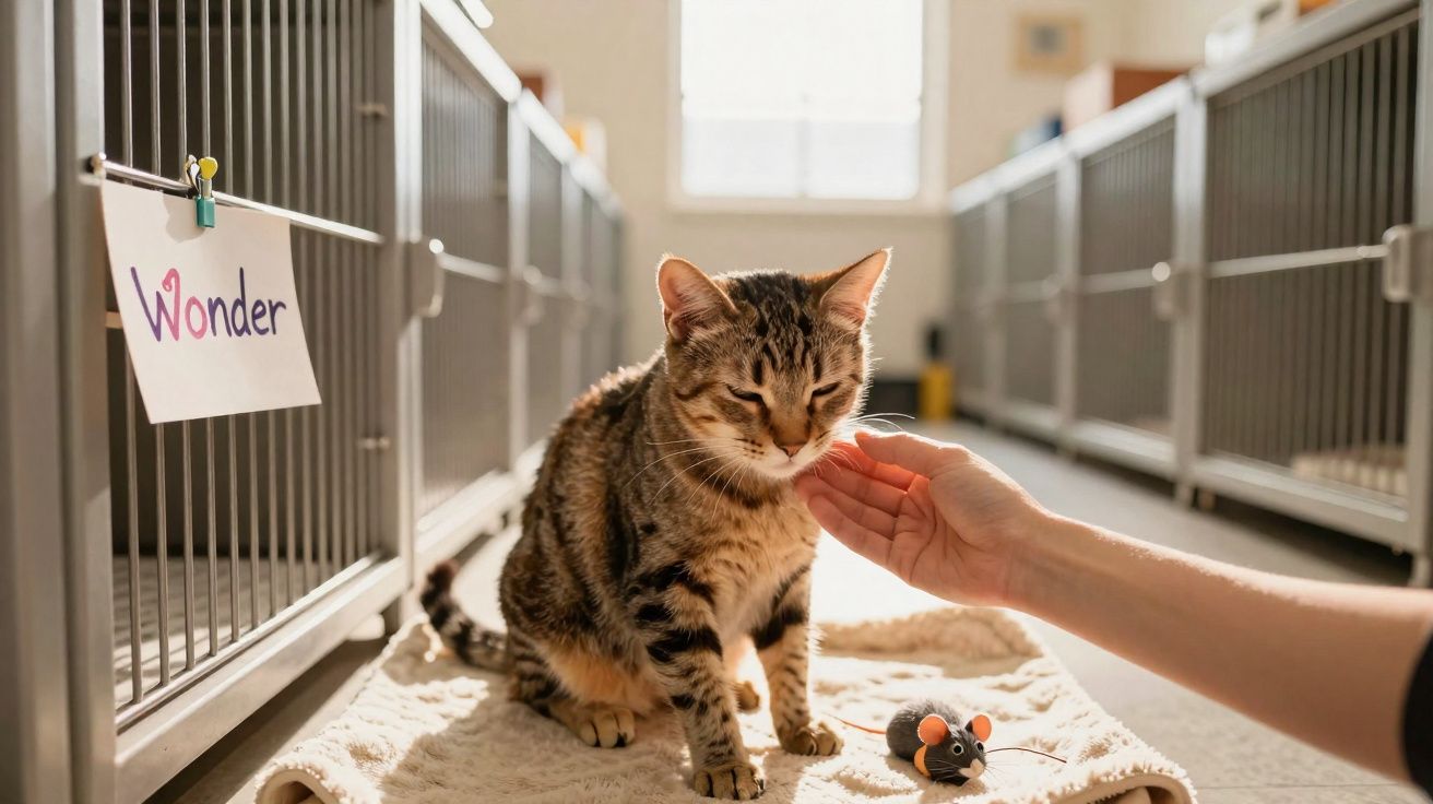 Chat tigré assis sur une couverture caressé par une main dans une chatterie, jouet souris à ses pieds.