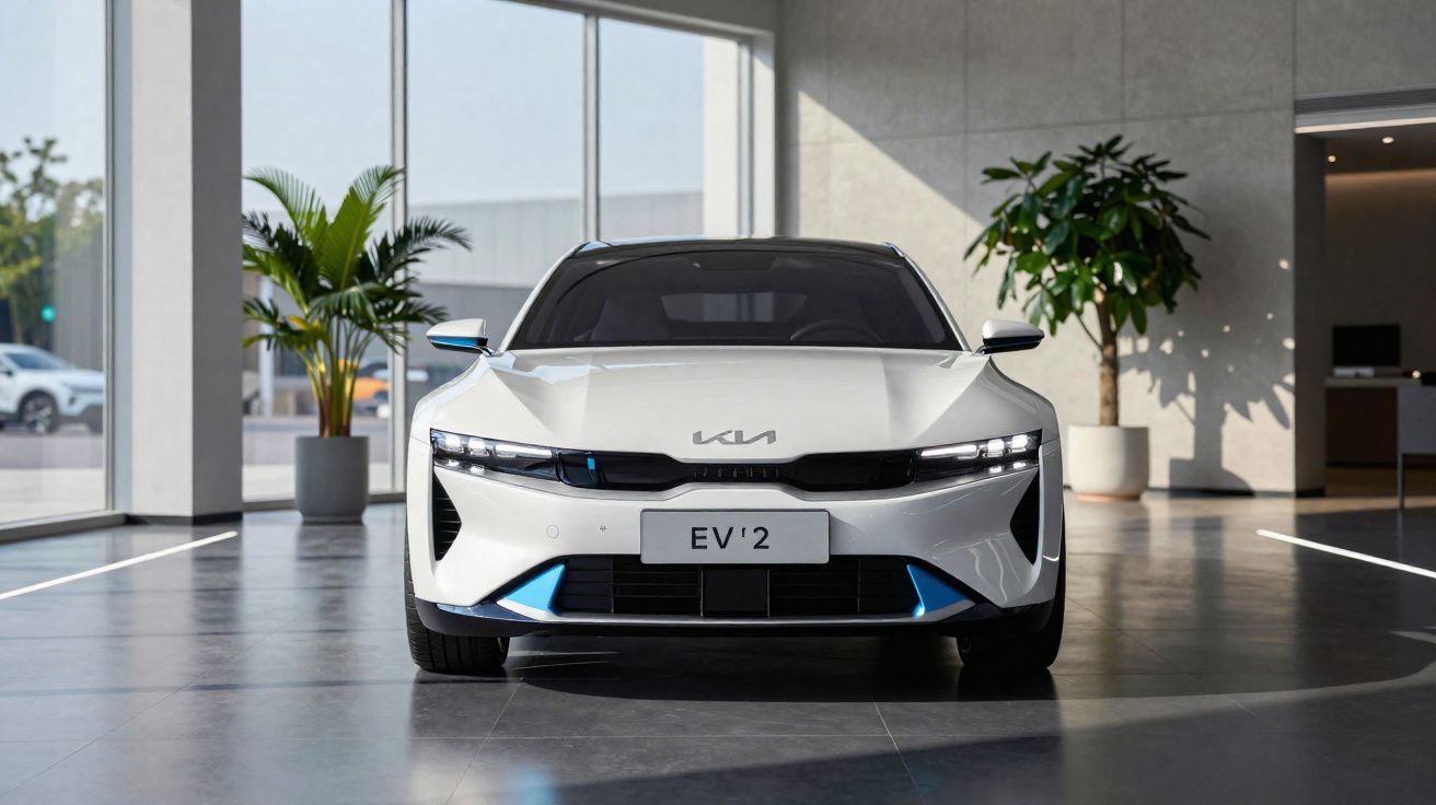 Voiture électrique blanche Kia EV6 vue de face dans un showroom moderne avec plantes vertes.