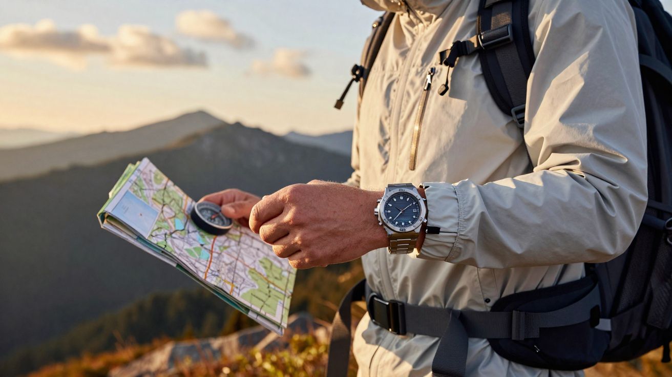 Homme en veste beige tenant une boussole et une carte en pleine randonnée en montagne au coucher du soleil.