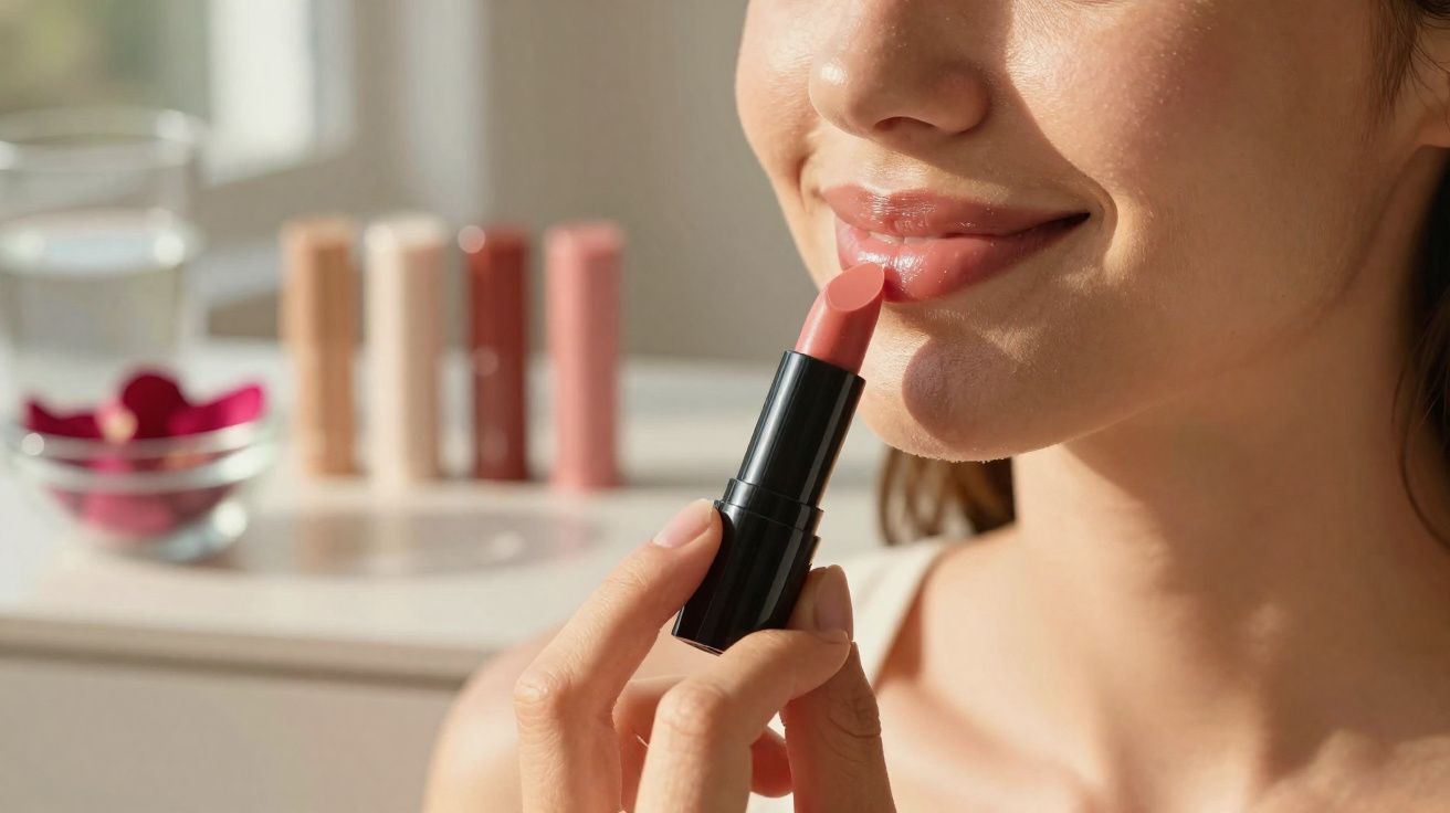 Femme appliquant un rouge à lèvres rose nude, gros plan sur les lèvres et le produit beauté.