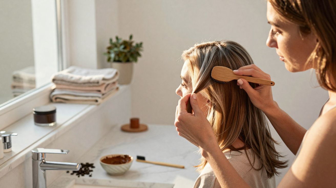 Une femme brosse les cheveux d'une autre femme assise près d'un lavabo lumineux.