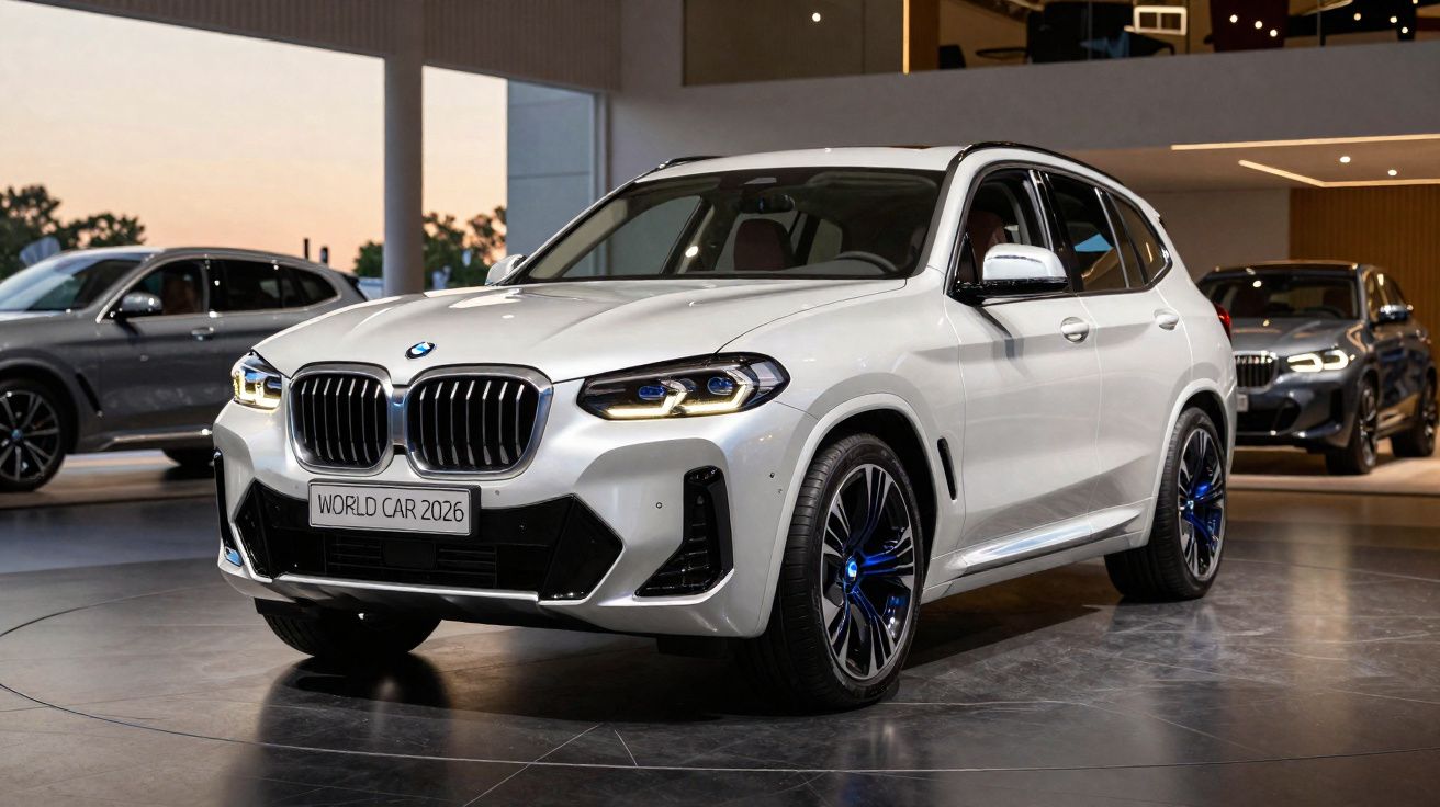 SUV BMW blanc exposé en intérieur avec plaque "WORLD CAR 2026" et jantes aux détails bleus.