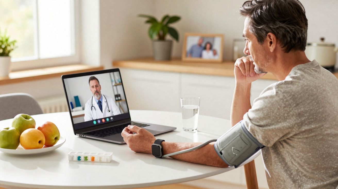 Homme mesurant sa tension artérielle en téléconsultation avec un médecin sur un ordinateur portable à la maison.