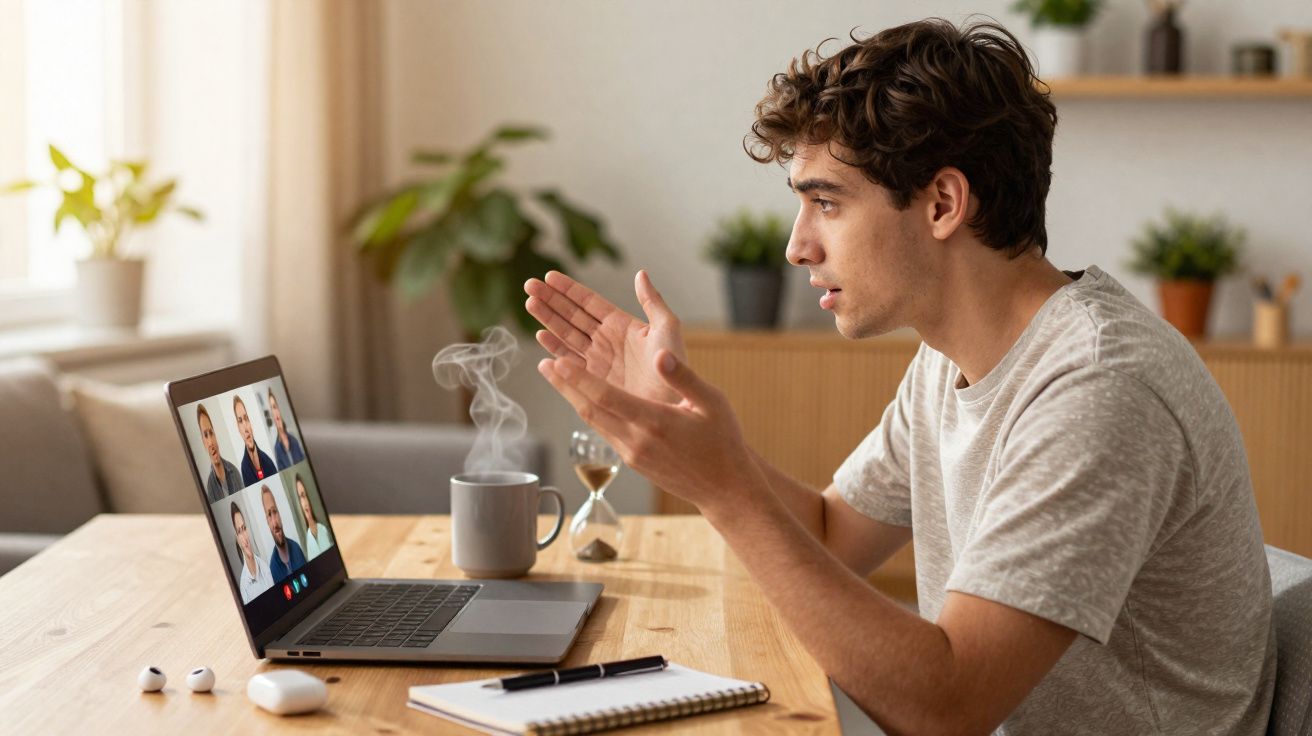 Jeune homme discutant à distance lors d'une visioconférence avec quatre collègues sur un ordinateur portable.