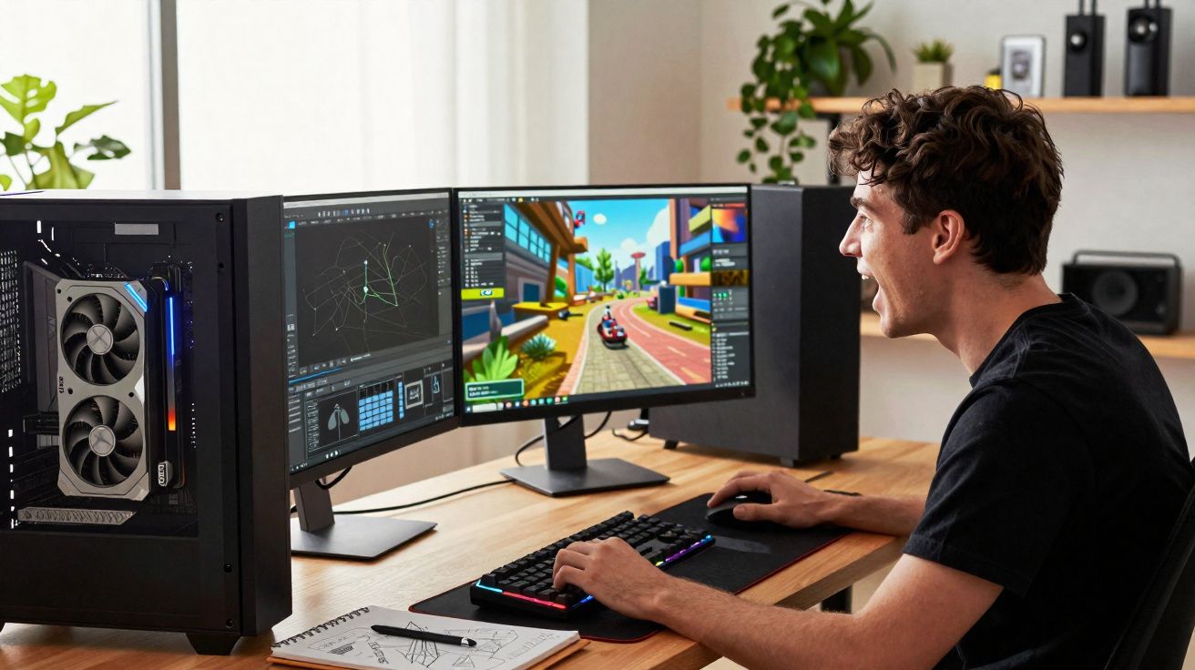 Homme jouant à un jeu de course sur un PC à double écran dans un bureau lumineux et moderne.