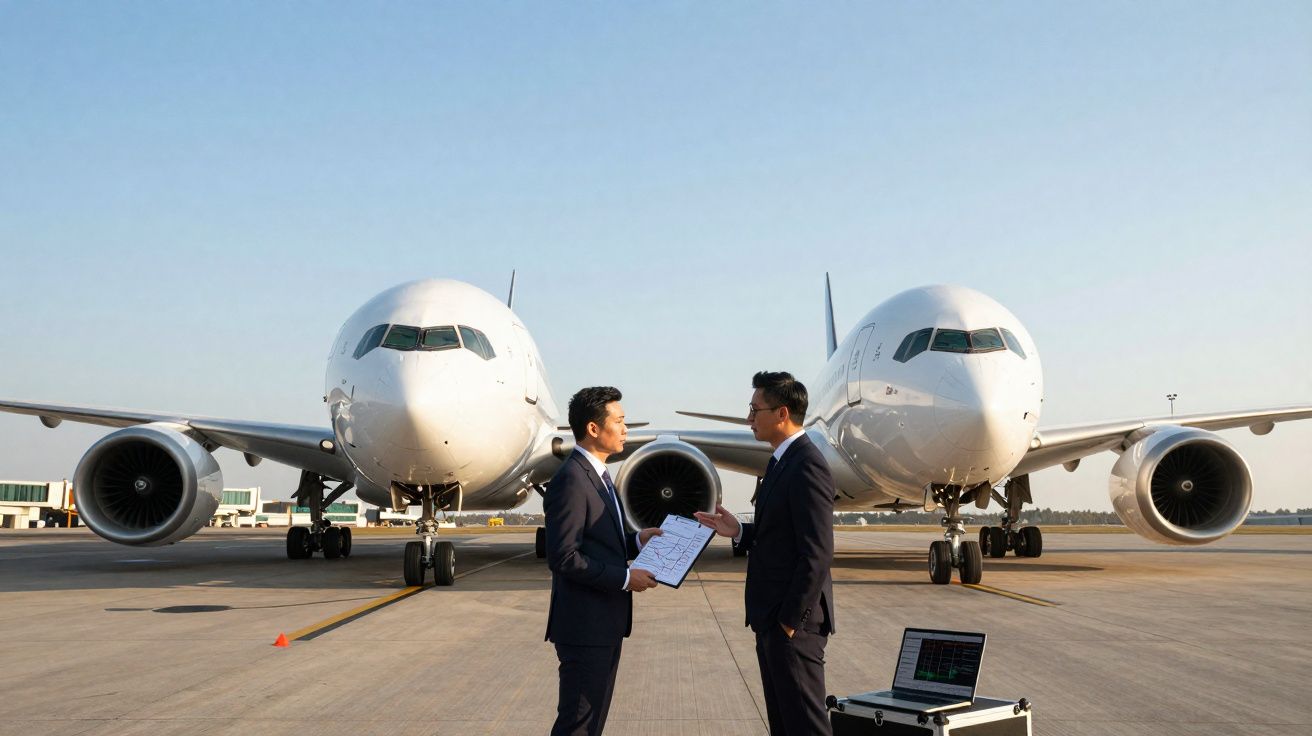 Deux hommes en costume discutant devant deux avions blancs garés sur le tarmac d'un aéroport.