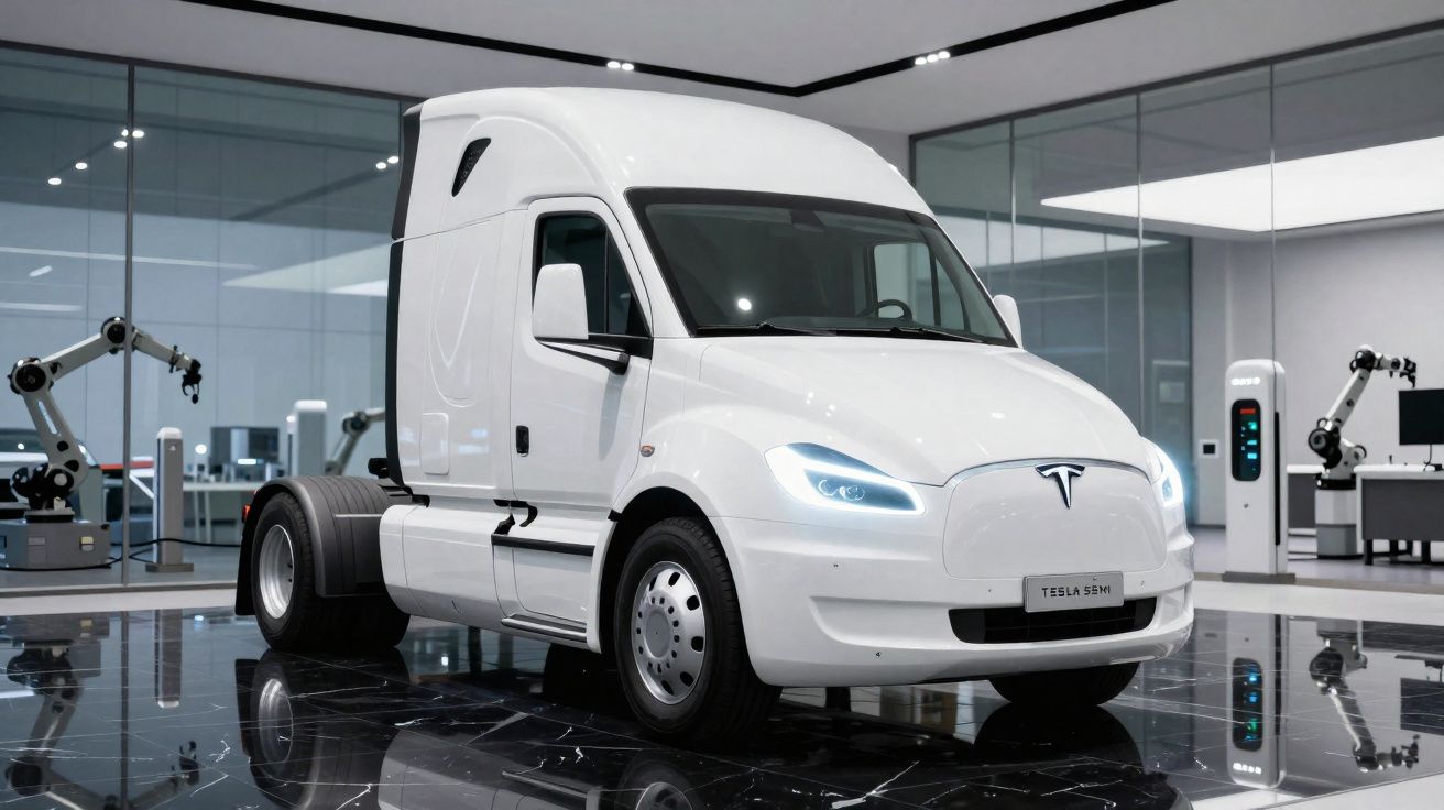 Camion électrique blanc Tesla Semi dans un showroom moderne avec sol réfléchissant et robots industriels.