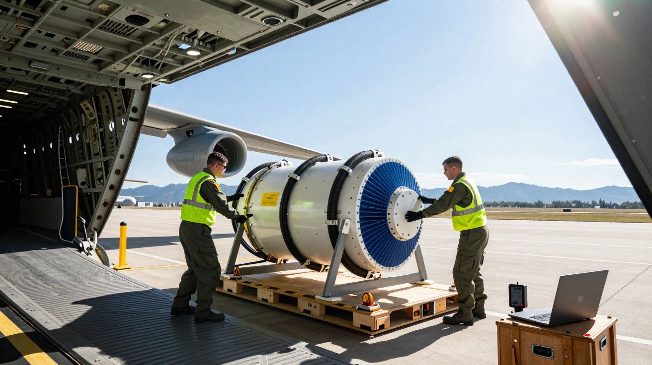 Deux techniciens manipulent un moteur d'avion sur une palette près d'un avion militaire au soleil.
