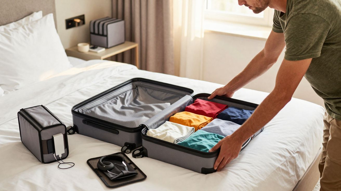 Un homme organise des vêtements colorés dans une valise ouverte posée sur un lit blanc.