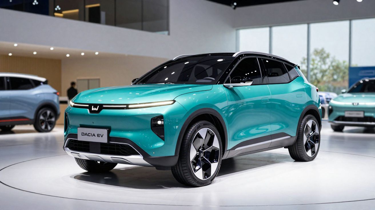 SUV électrique turquoise Dacia EV exposé dans un showroom moderne avec éclairage blanc.
