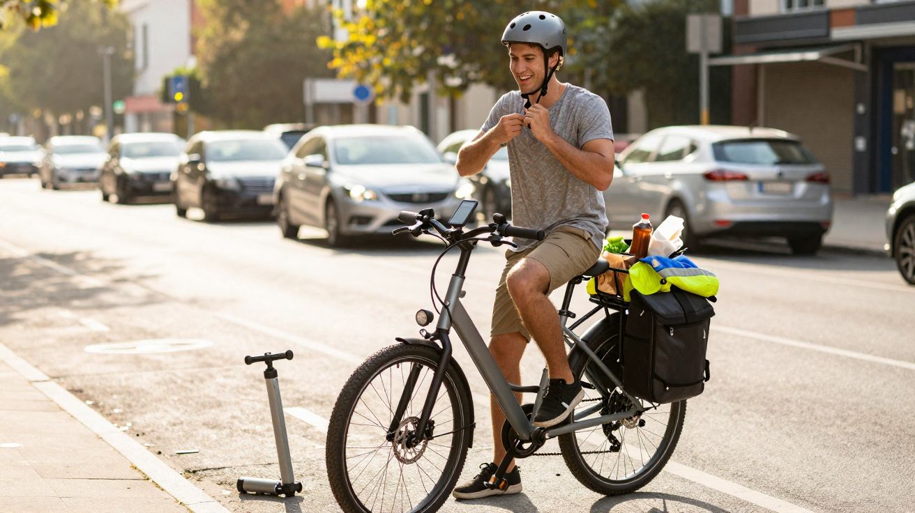 Jeune homme ajustant son casque à vélo électrique chargé de sacs et courses en ville au lever du soleil.