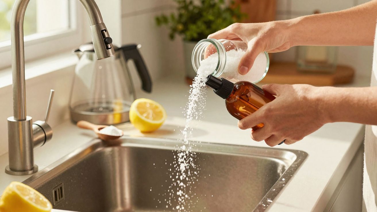 Personne versant du bicarbonate de soude dans un flacon pulvérisateur près d'un évier de cuisine.