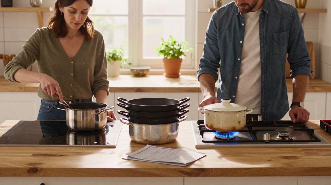 Un homme et une femme cuisinent côte à côte dans une cuisine lumineuse avec plantes sur le rebord de la fenêtre.