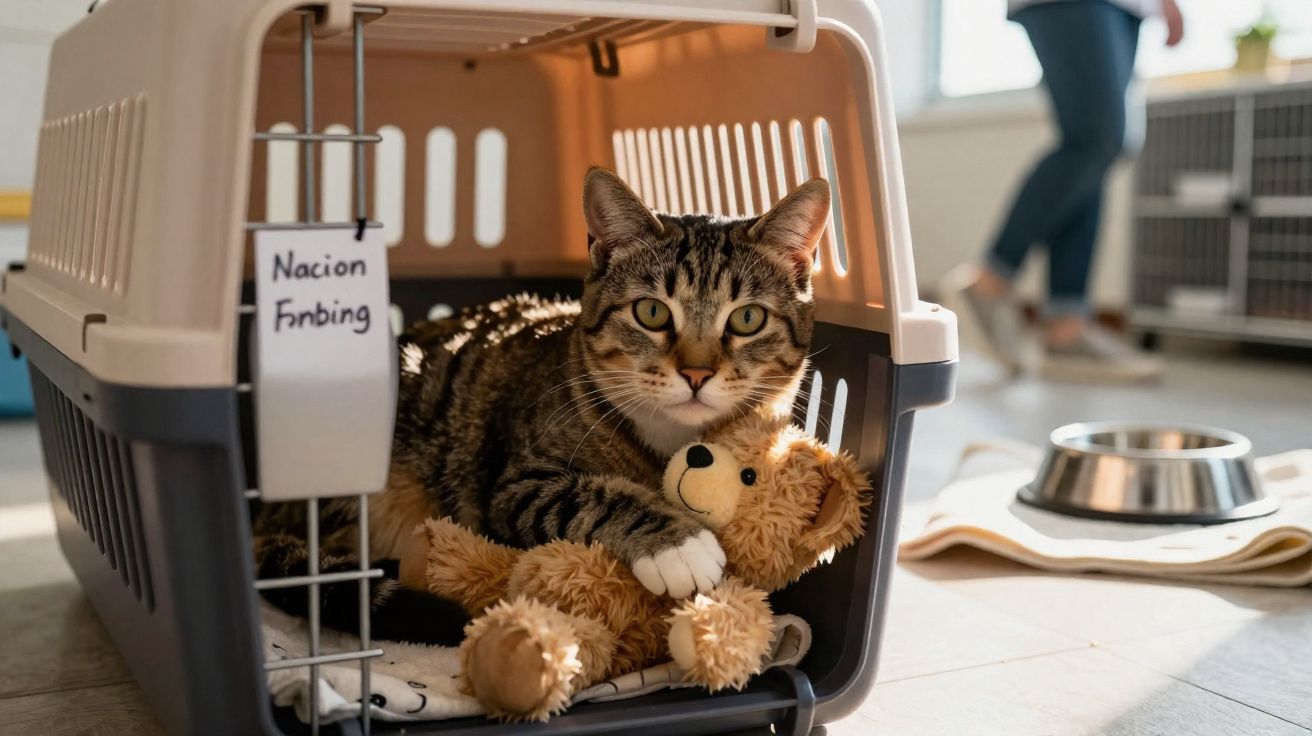 Chat tabby dans un panier de transport avec un nounours en peluche, intérieur lumineux et personne floue en arrière-plan.