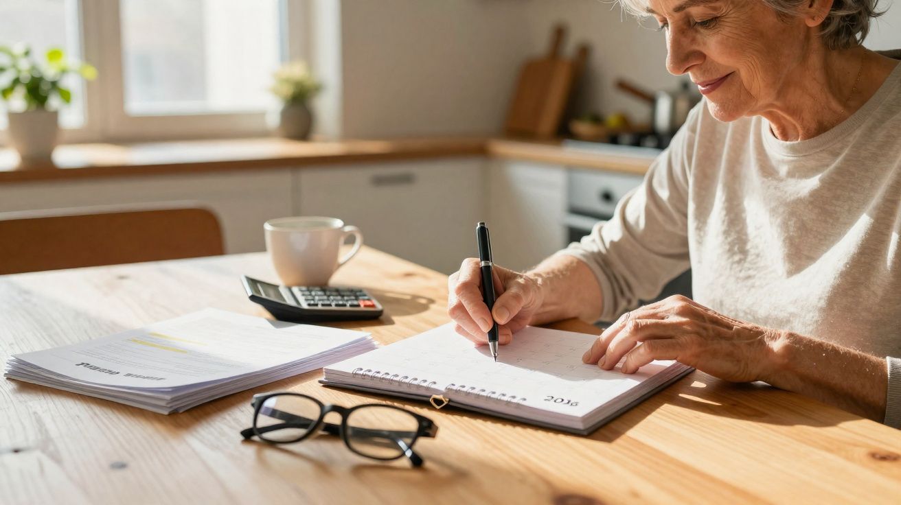 Femme âgée souriante écrivant dans un agenda sur une table avec lunettes, documents, calculatrice et tasse.