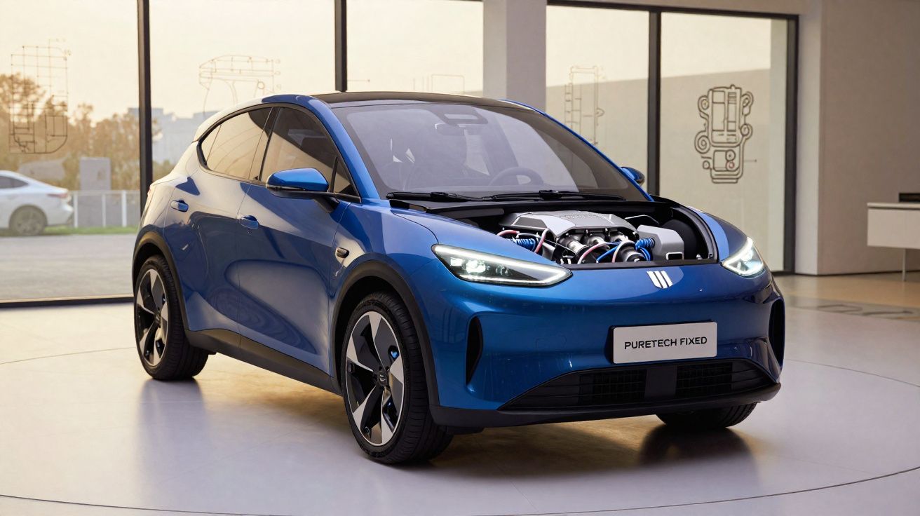 Voiture électrique compacte bleue en salle d'exposition avec capot ouvert dévoilant son moteur avancé.