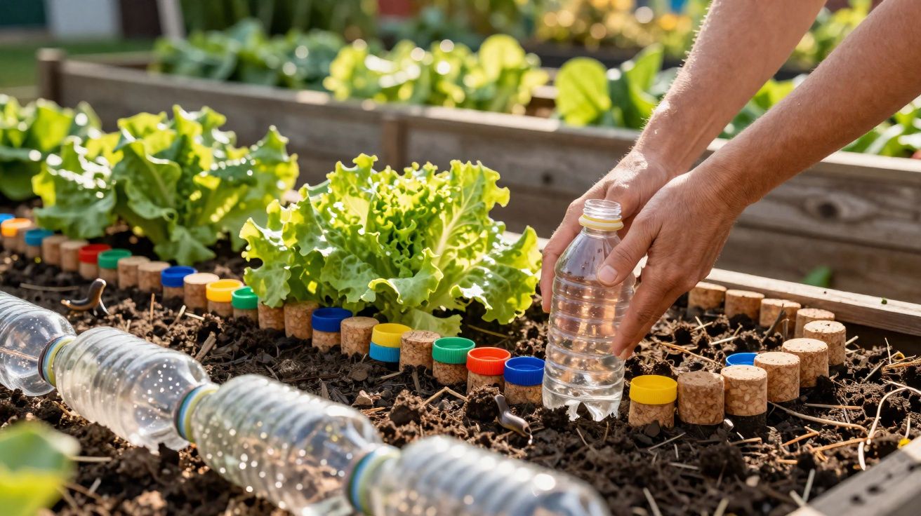 Deux mains arroser une salade dans un potager avec des bouteilles et des bouchons recyclés.