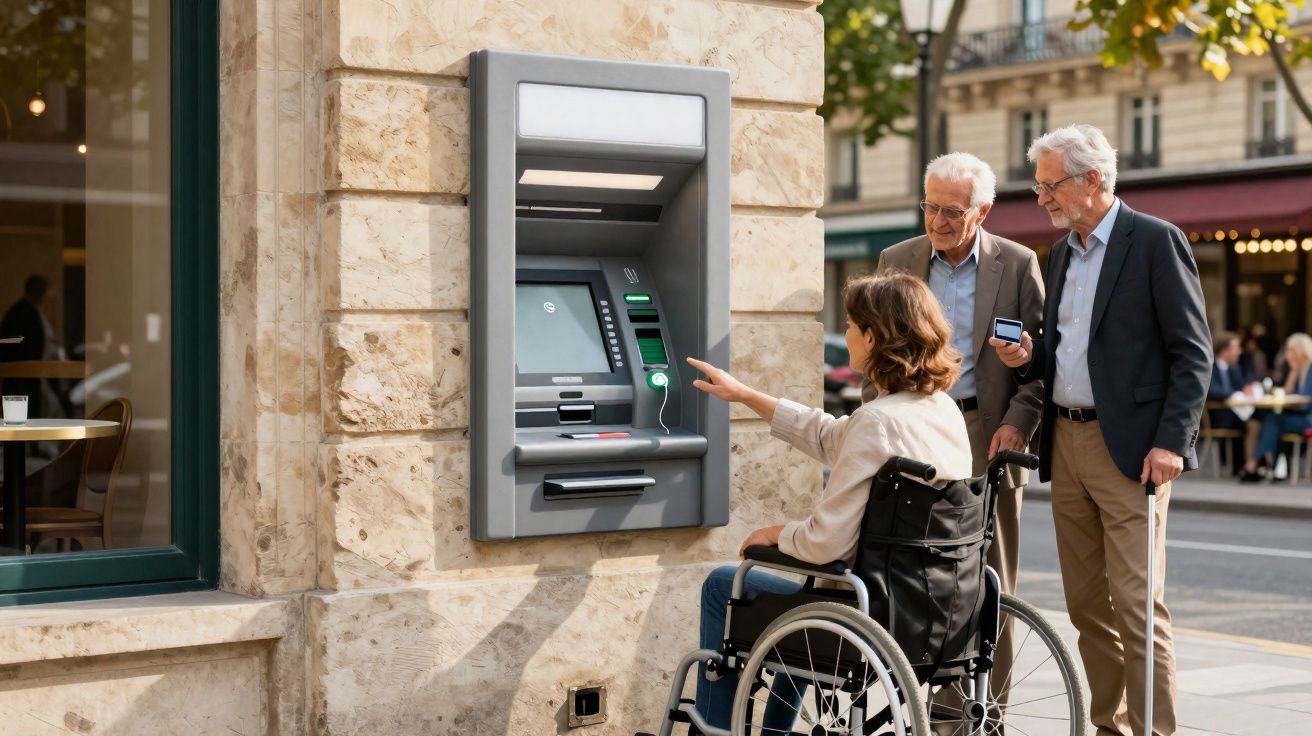 Femme en fauteuil roulant utilise un distributeur automatique aidée de deux hommes âgés dans une rue urbaine.